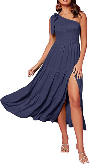 2025 New Summer Fashion Women's One-shoulder Pleated Layered Hem Split Dress